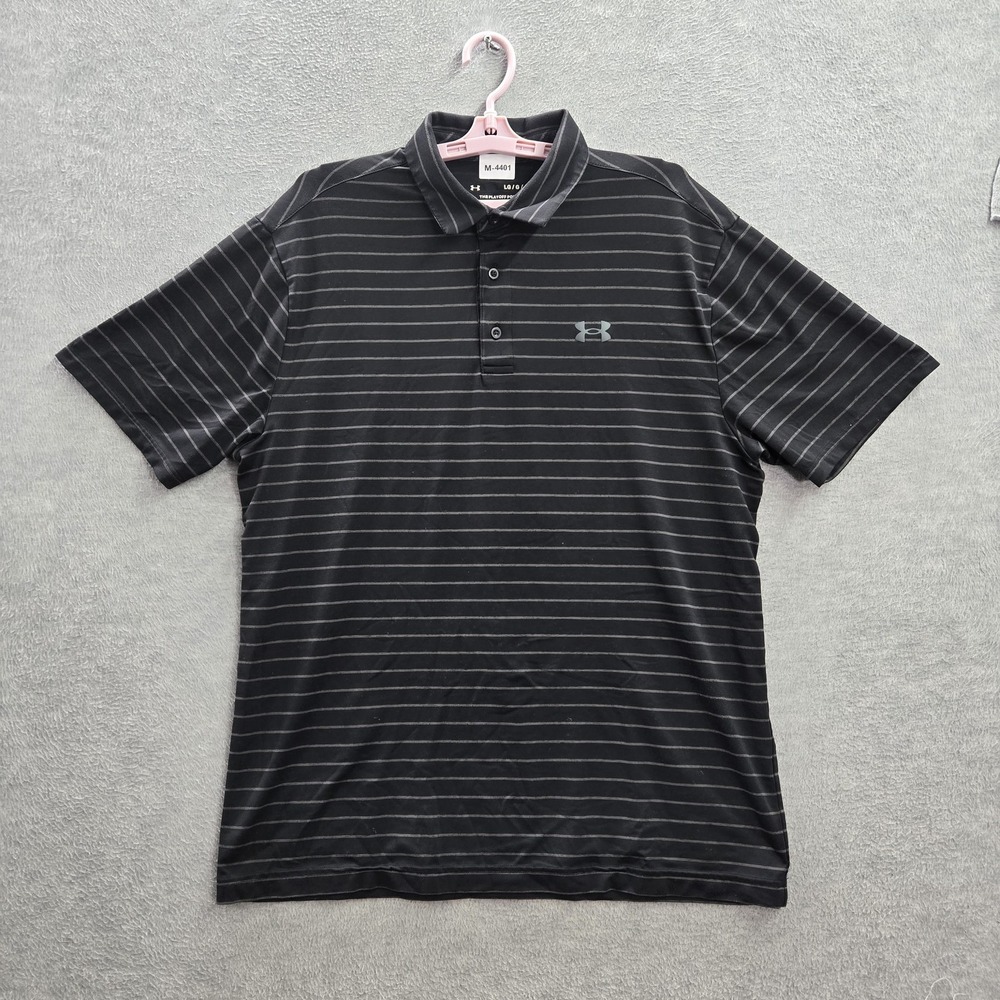 Under Armour Men Polo L Black Striped The Playoff Golf Activewear Logo Loose
